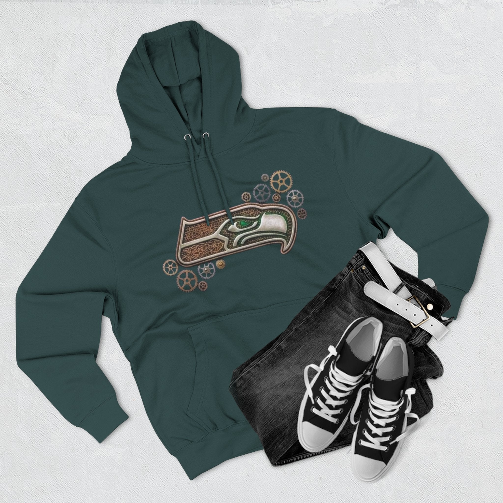 Seahawk Gear Hoodie — Vintage Seahawk Emblem with Gear Accents