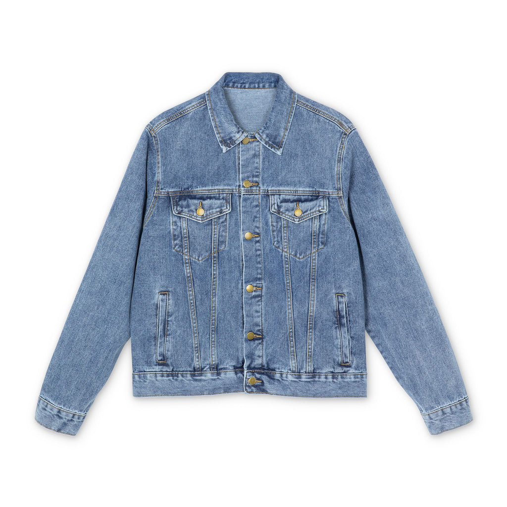Men's Denim Jacket with Embroidered 'MUAH' Bear Graphic — Casual Streetwear Trucker Jacket