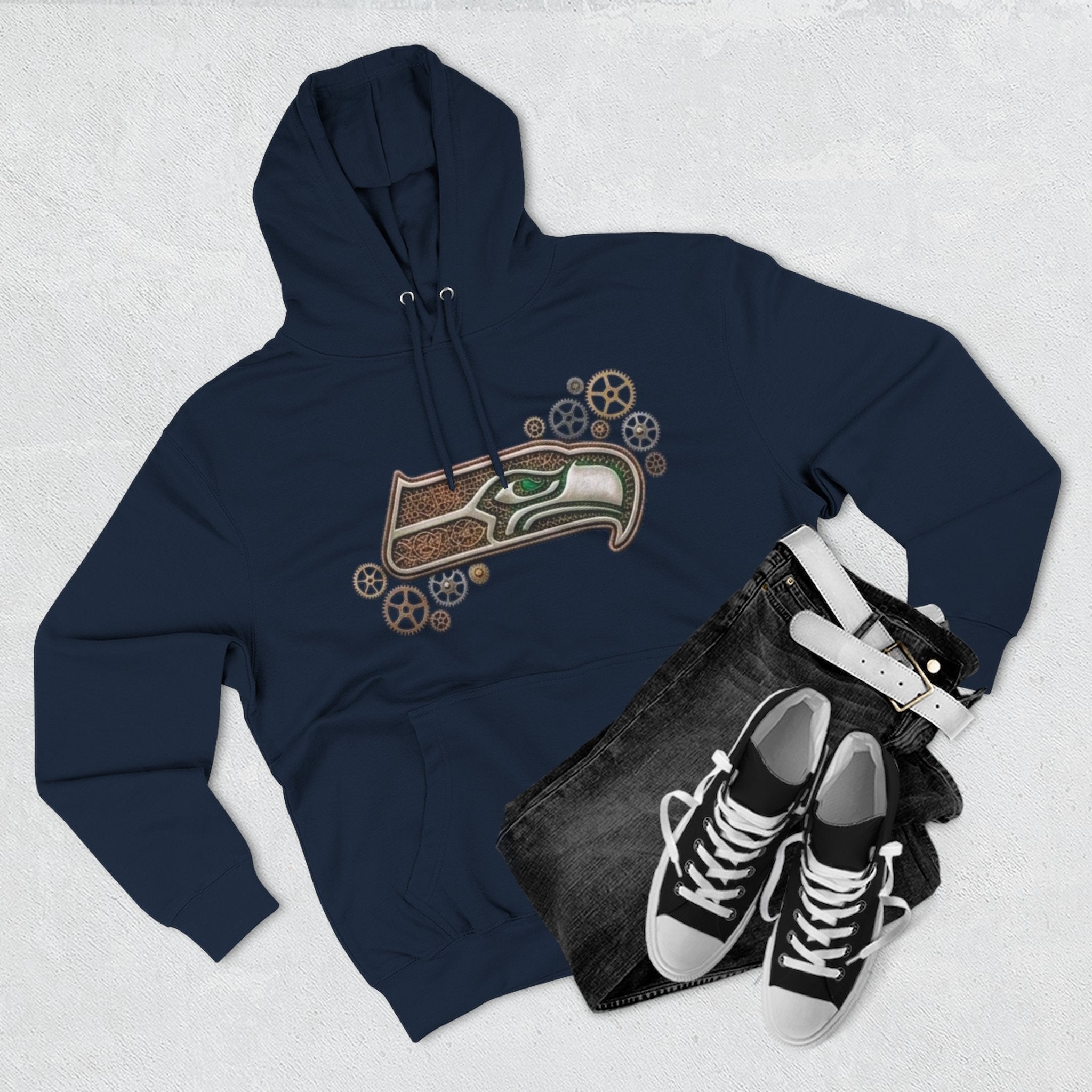 Seahawk Gear Hoodie — Vintage Seahawk Emblem with Gear Accents