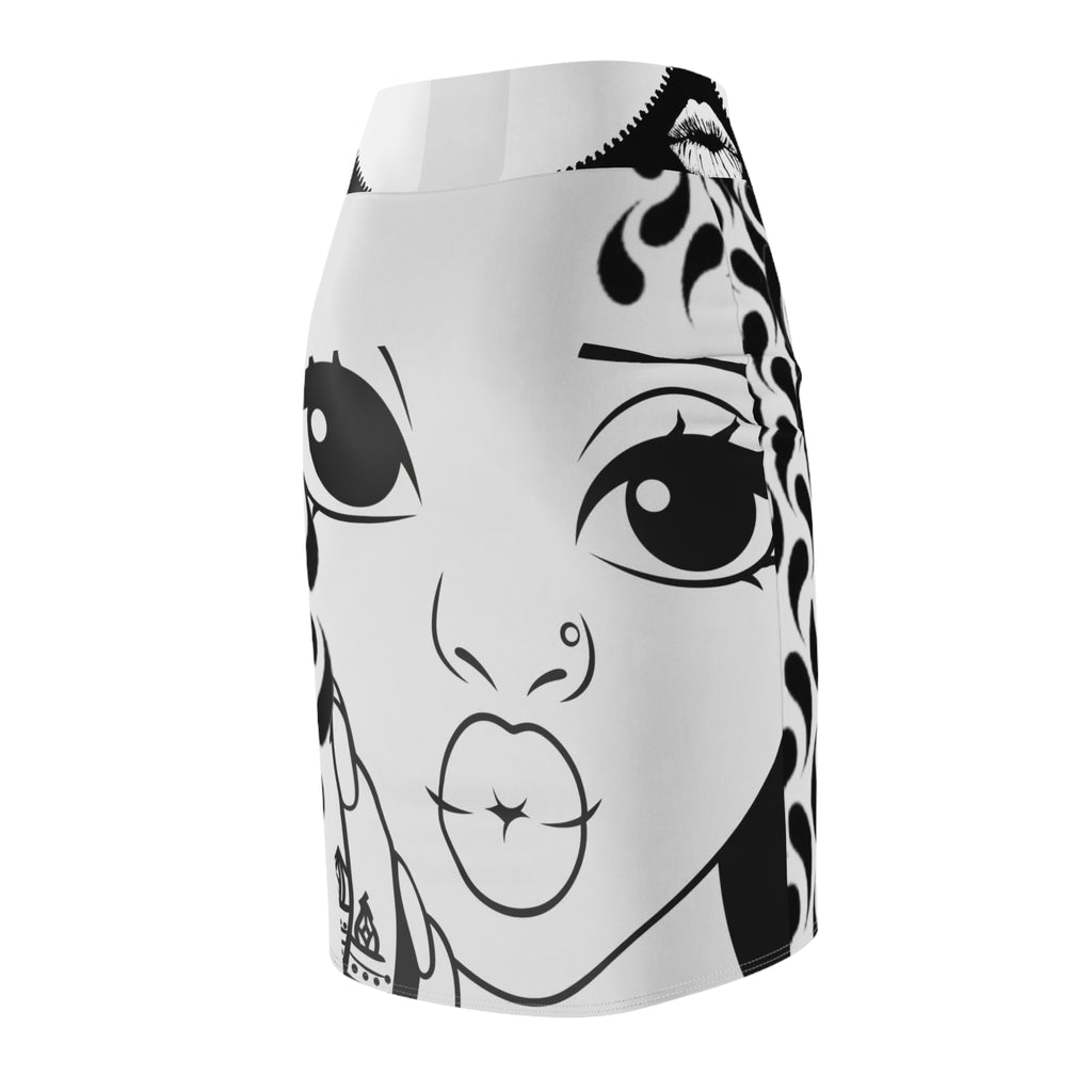 Black & White Graphic Face Pencil Skirt — Bold Tribal Flame Pattern