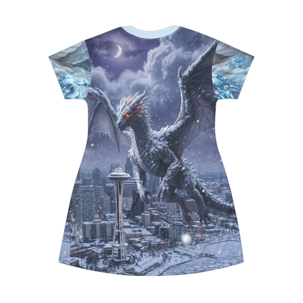 Ice Dragon Fantasy T‑Shirt Dress — Snow Queen & Dragon All‑Over Print