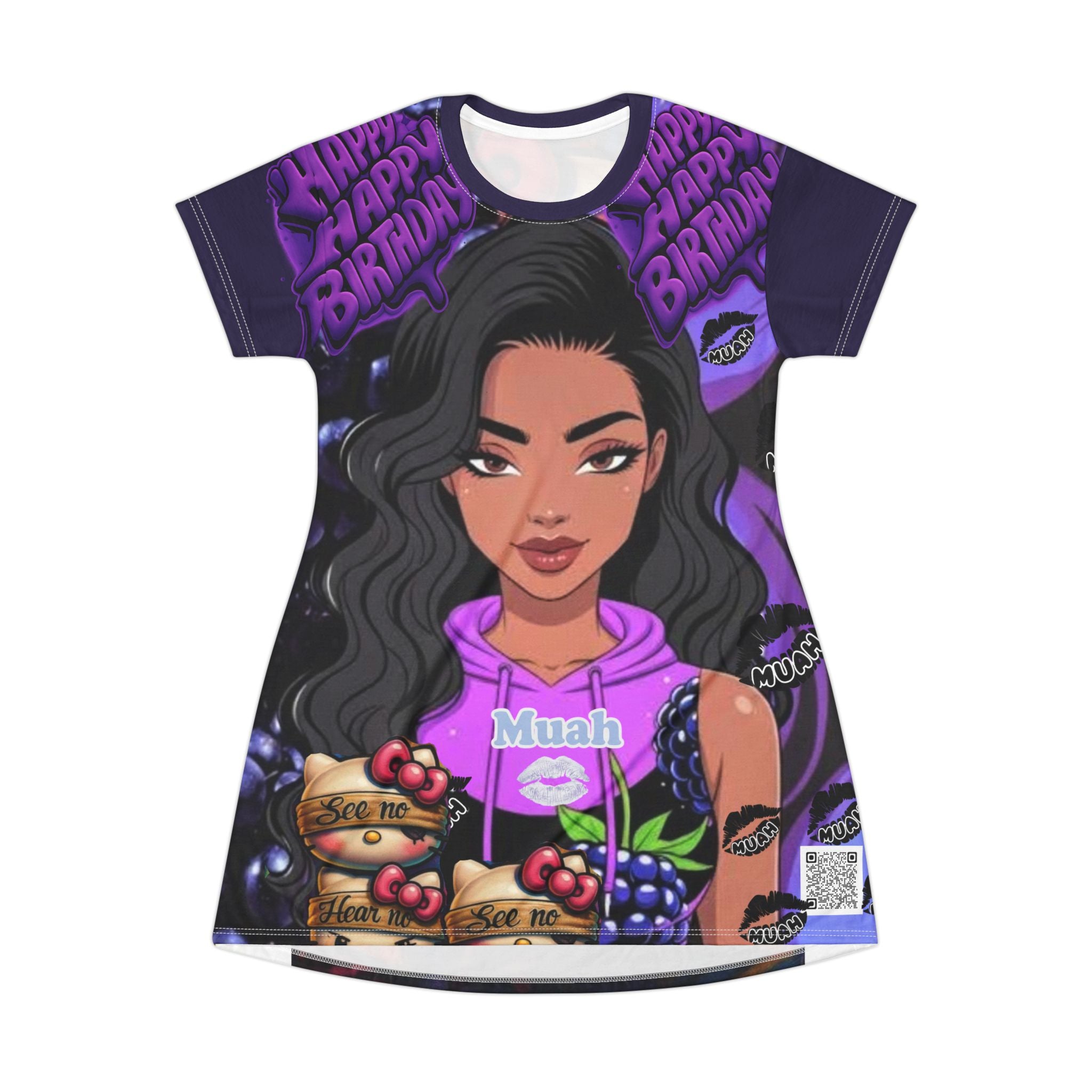 Happy Birthday Blackberry Girl T-Shirt Dress — AOP Graphic Dress for Birthday Celebrations