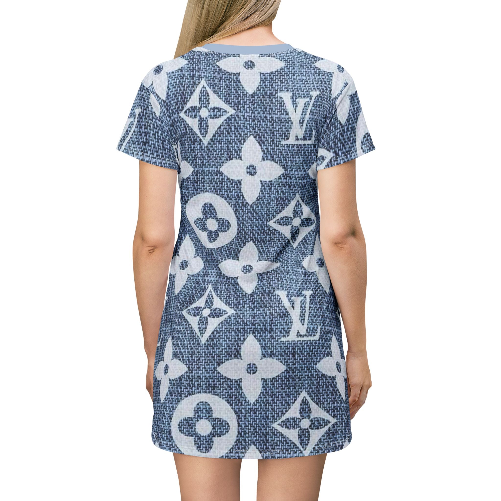 Denim Monogram T-Shirt Dress — All-Over Print Luxury Logo Pattern