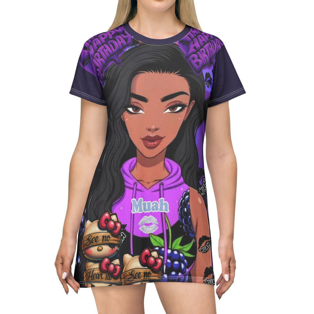 Happy Birthday Blackberry Girl T-Shirt Dress — AOP Graphic Dress for Birthday Celebrations