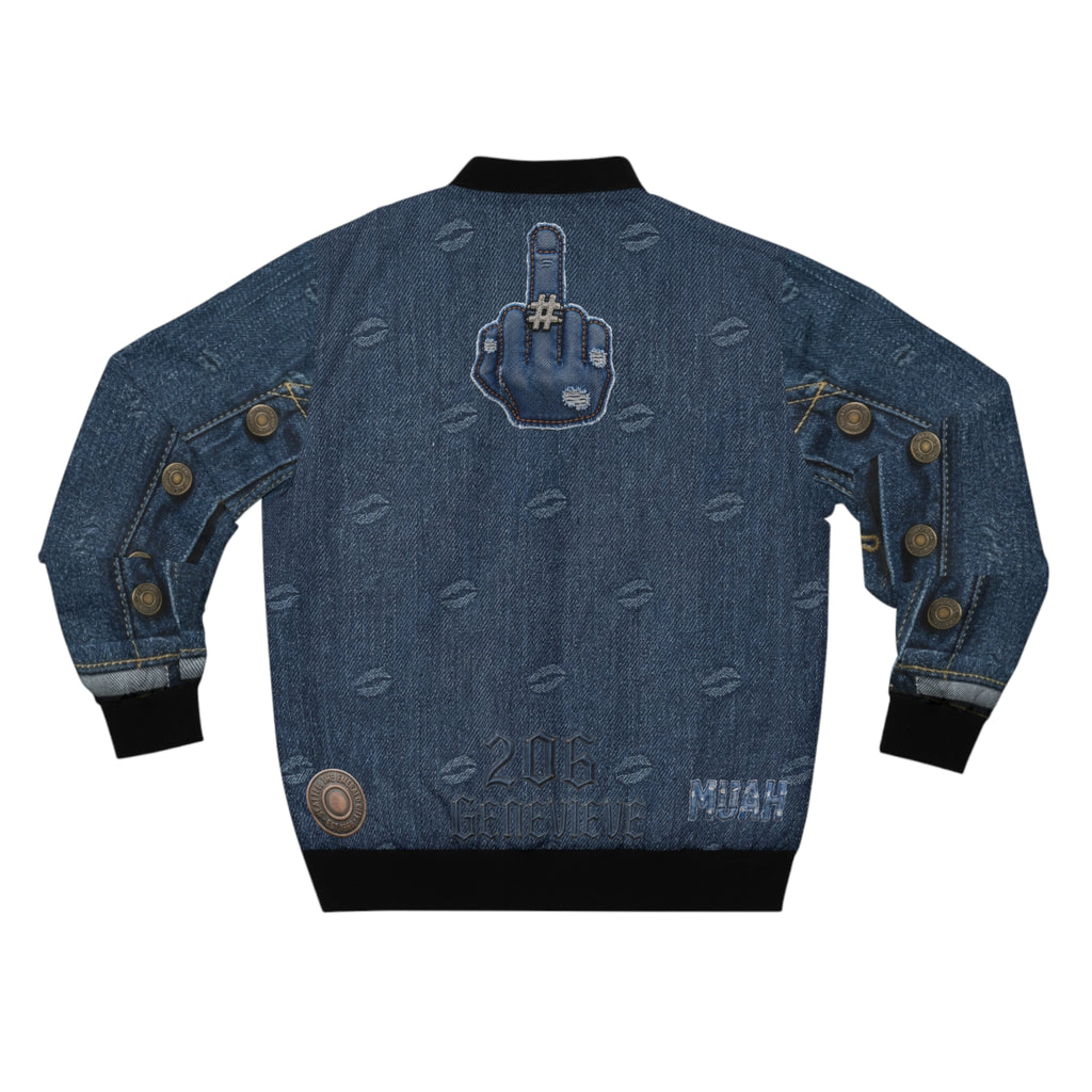 Denim Patch Bomber Jacket — Retro Distressed Kiss-Print & Middle-Finger Patch