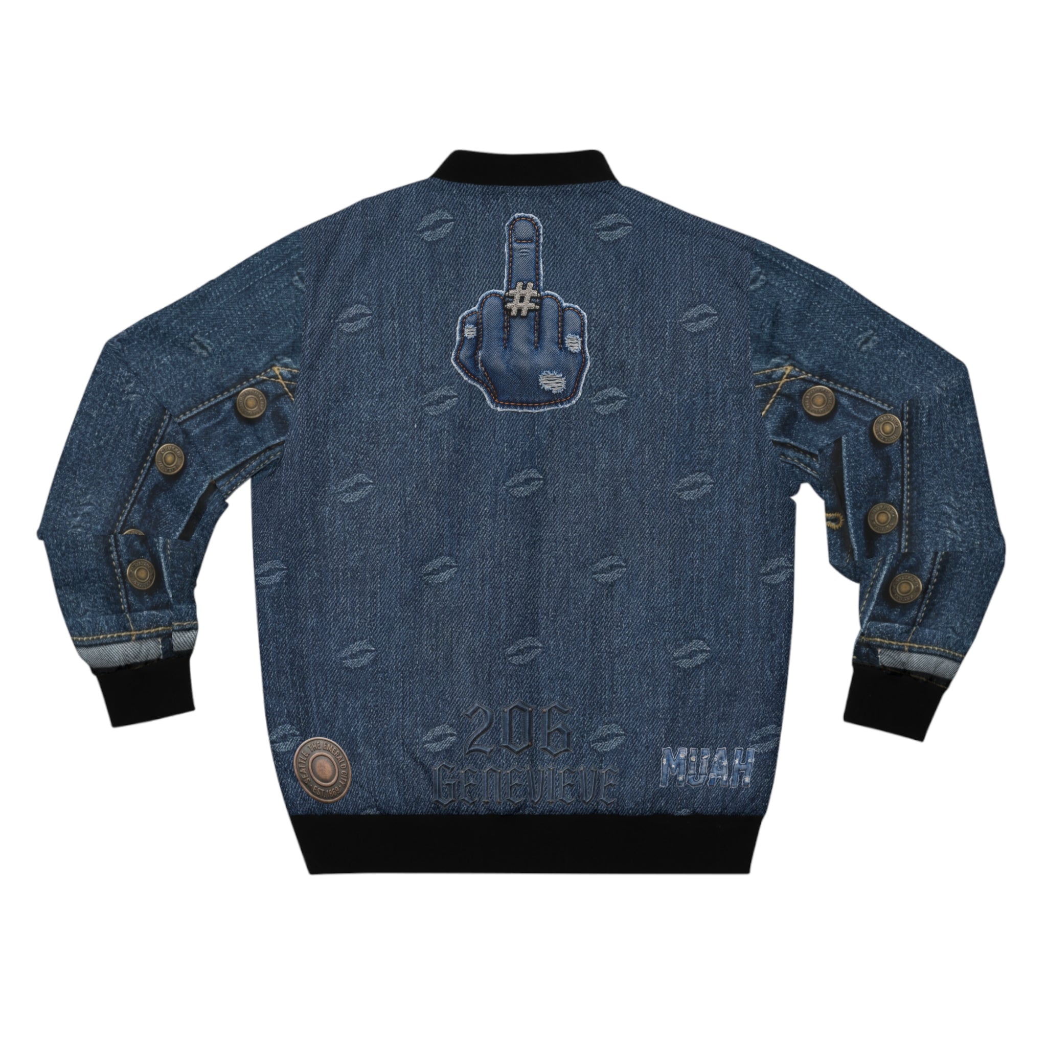 Denim Patch Bomber Jacket — Retro Distressed Kiss-Print & Middle-Finger Patch