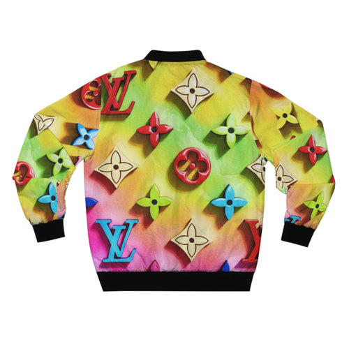Colorful Designer Logo Bomber Jacket — Neon Luxury Monogram Print