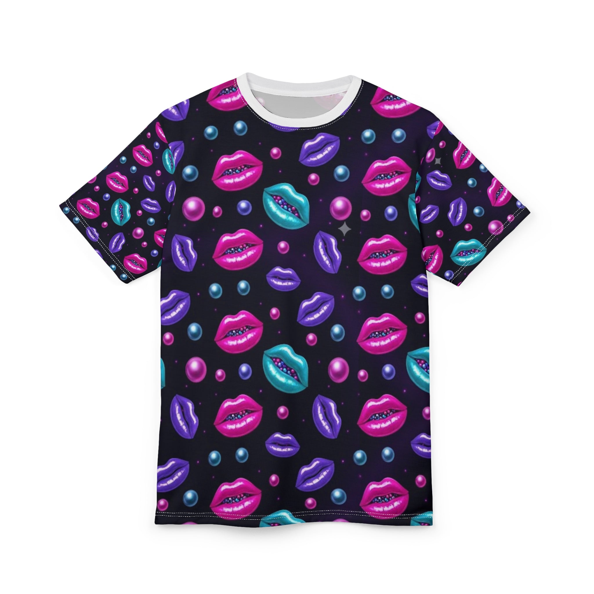 Neon Kiss Pattern Tee | Lip Print All-Over Shirt