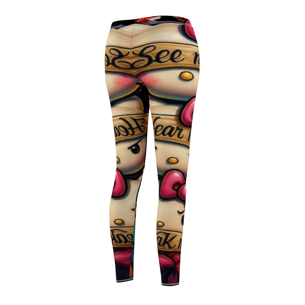 Red Rose & Lip Print Leggings — Floral Kiss Pattern Women's Leggings