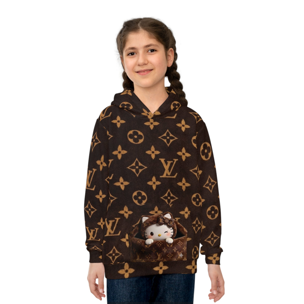 Children's Designer-Inspired Hoodie — Brown Monogram Print with Cute Kitty Pocket