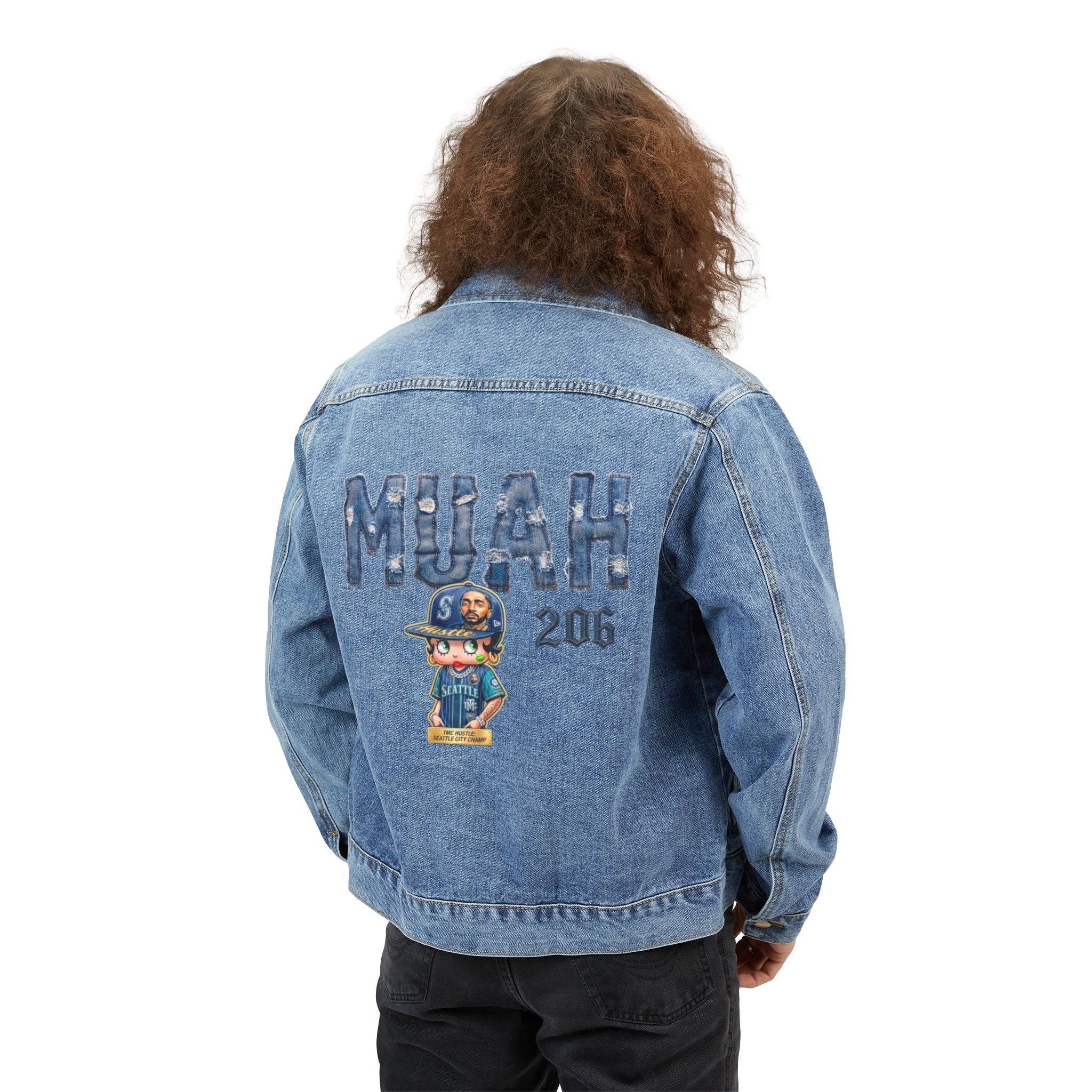 Men's Denim Jacket with Embroidered 'MUAH' Bear Graphic — Casual Streetwear Trucker Jacket