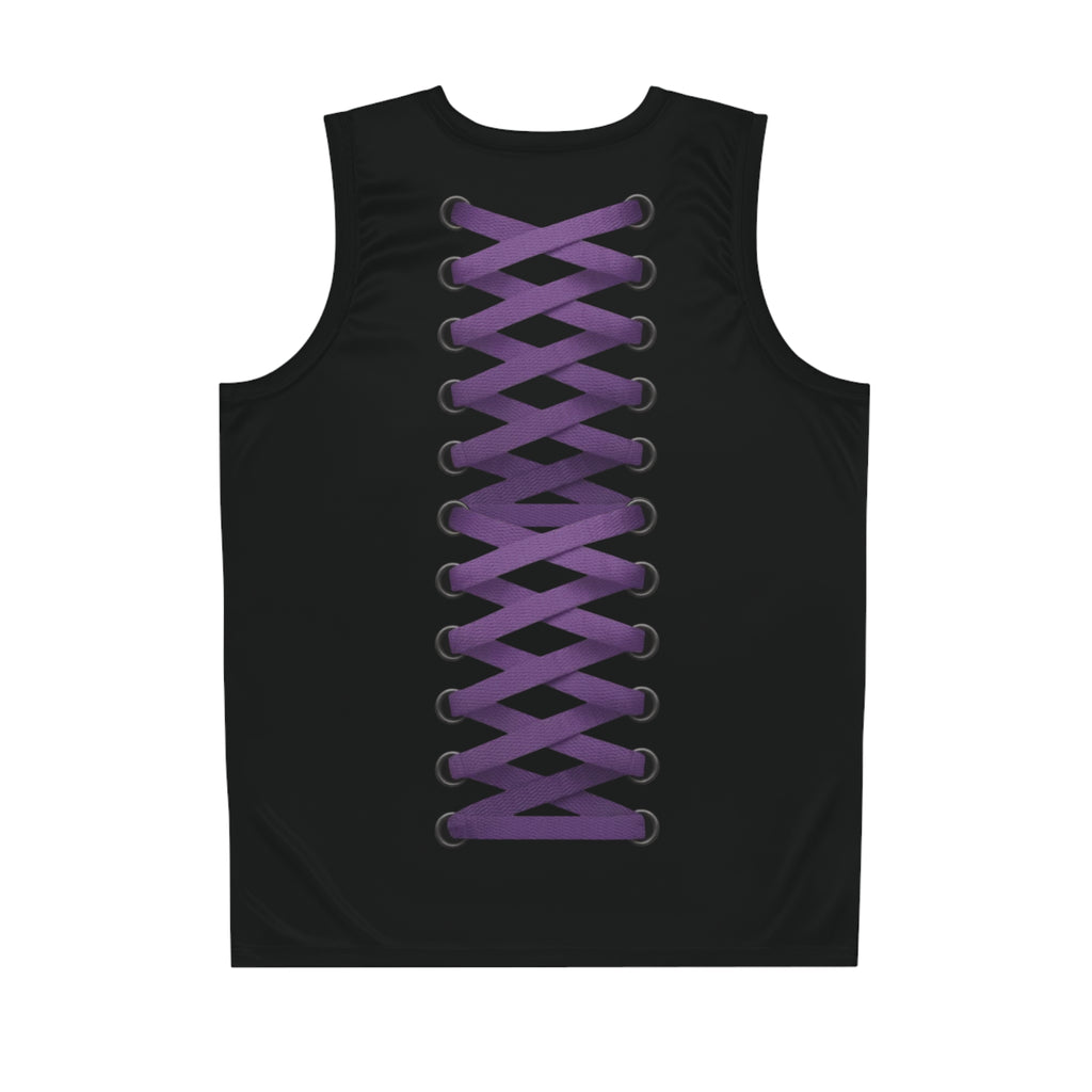 Laced-Up Basketball Jersey — Black with Purple Shoelace Design