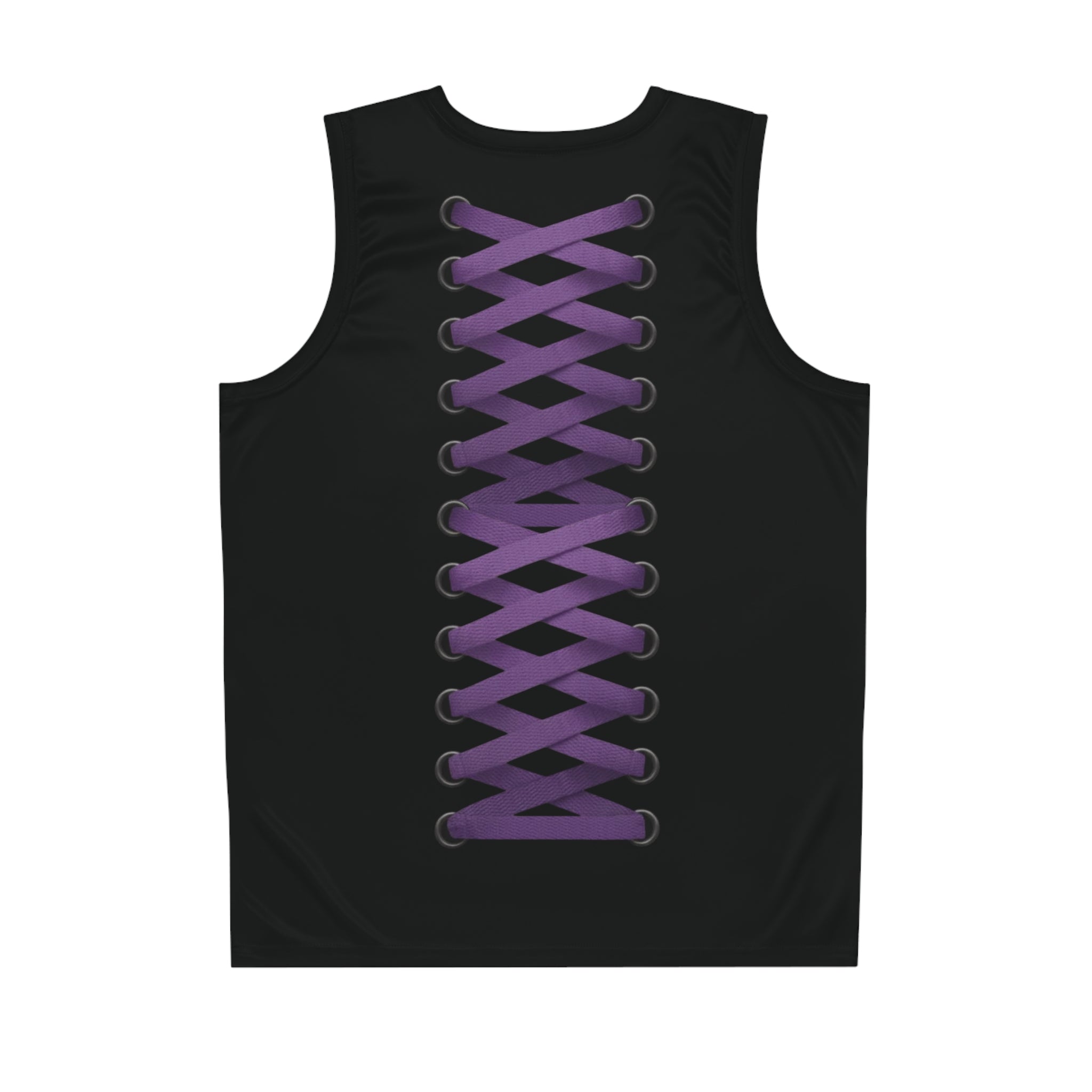 Laced-Up Basketball Jersey — Black with Purple Shoelace Design