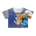 Blue Diva Crop Tee — Graphic Cartoon Girl with 'MUAH' Glitter Design
