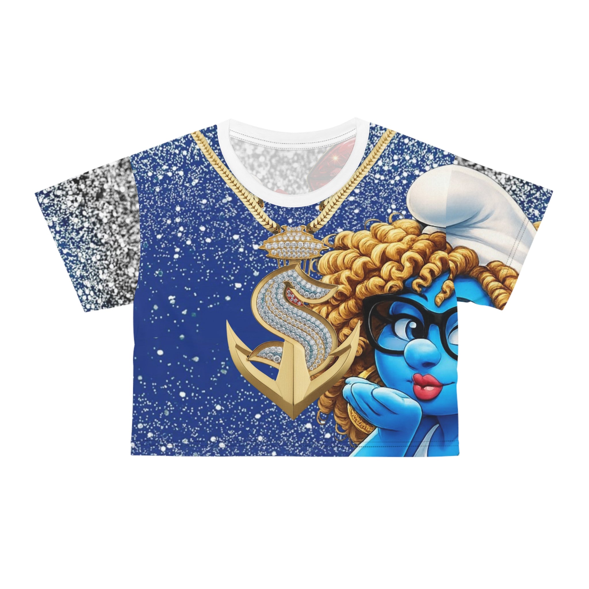 Blue Diva Crop Tee — Graphic Cartoon Girl with 'MUAH' Glitter Design