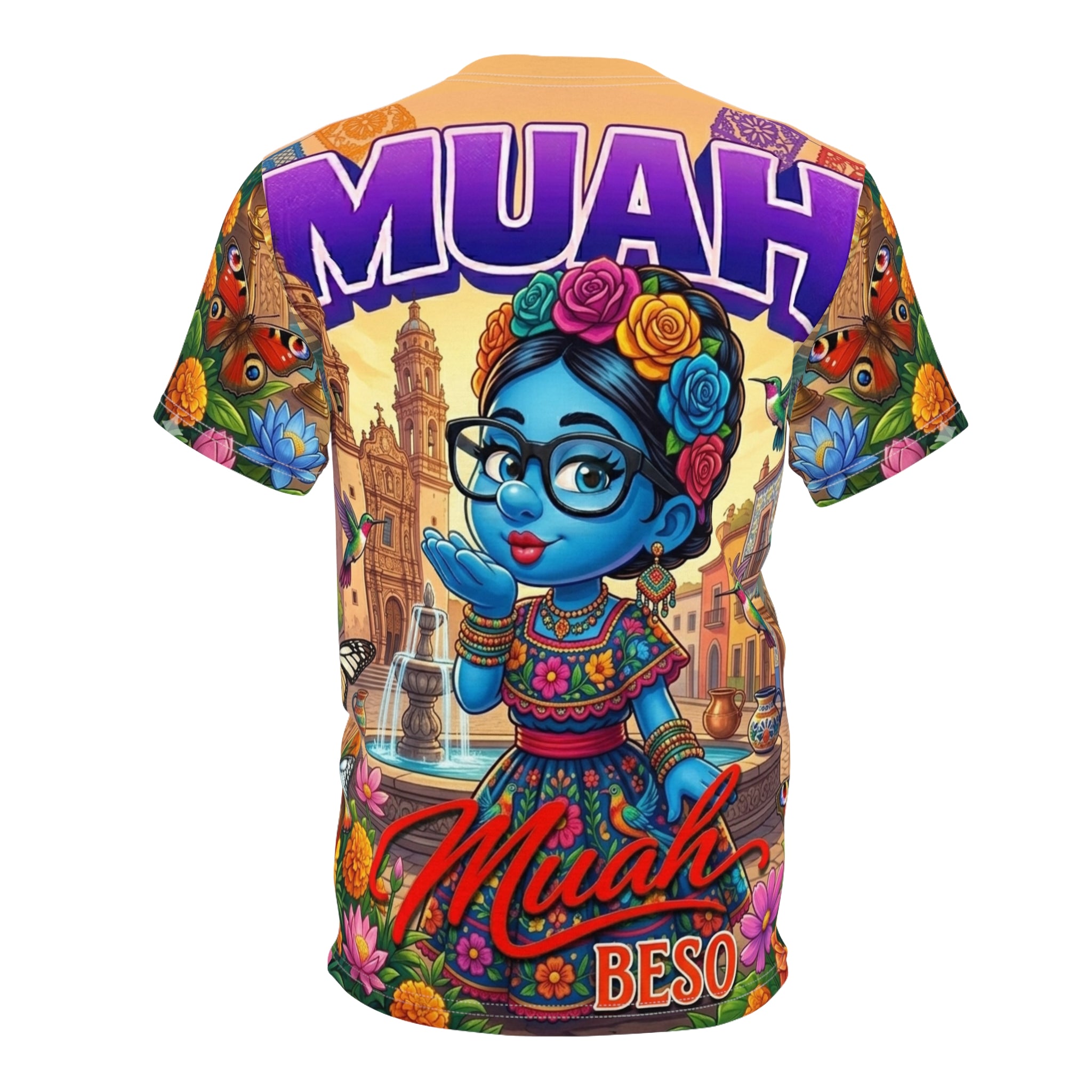 Waterfall Palace T‑Shirt — Vibrant Fantasy Garden Scene with Butterflies