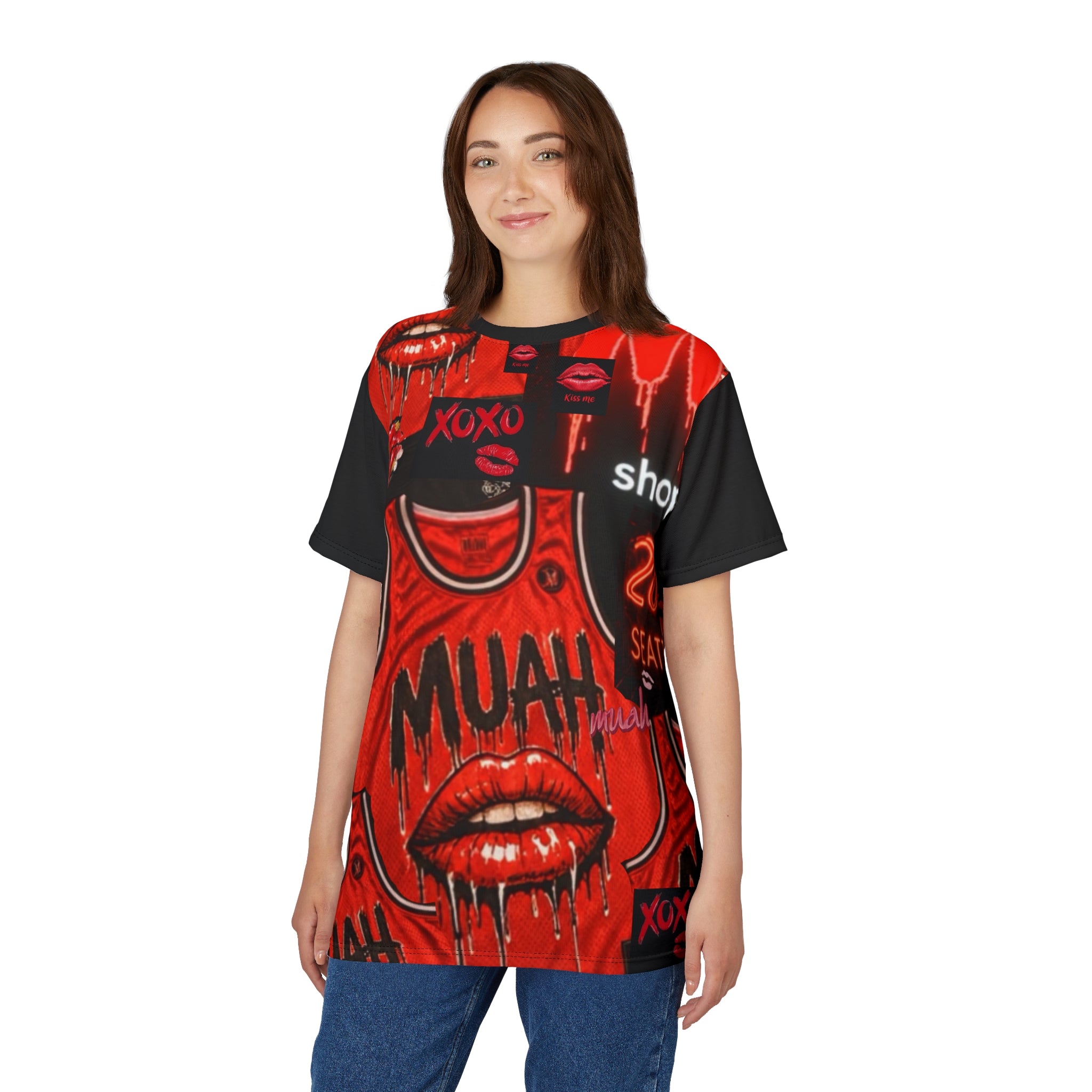 Red 'Muah' Kiss Graphic Tee — All-Over Print Streetwear Shirt