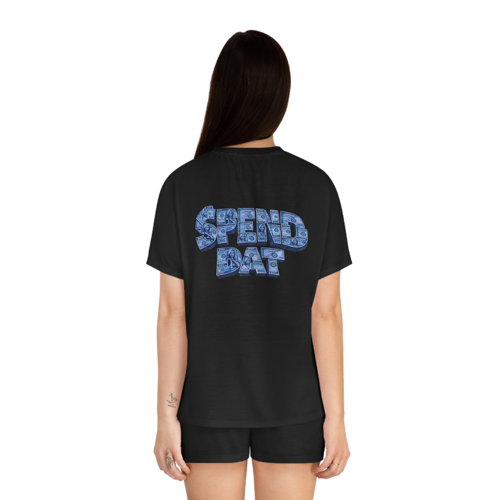 Spend Dat Women's Pajama Set — Black Short Sleep Set with Blue Graphic