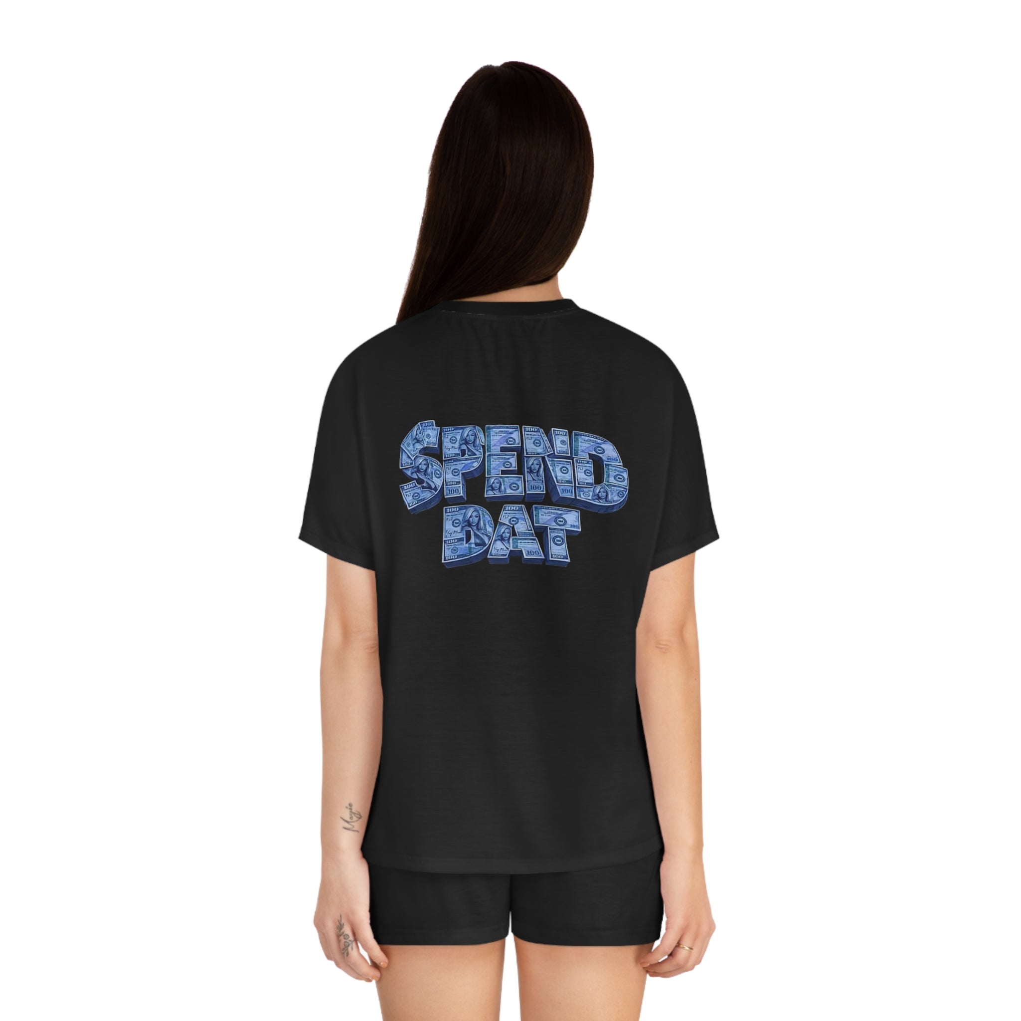 Spend Dat Women's Pajama Set — Black Short Sleep Set with Blue Graphic