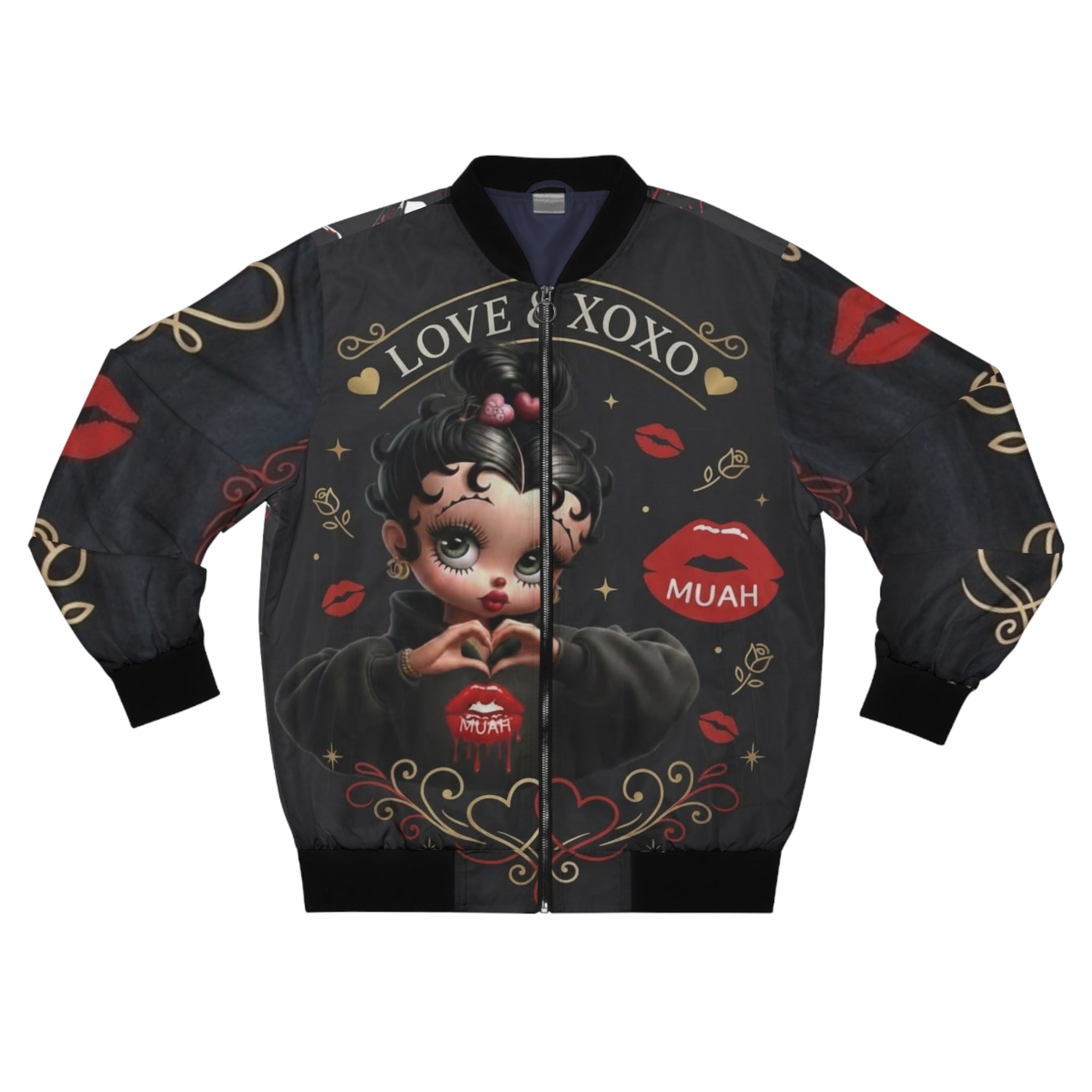 Betty Boop XOXO Graphic Bomber Jacket — Retro Pinup Kiss Design