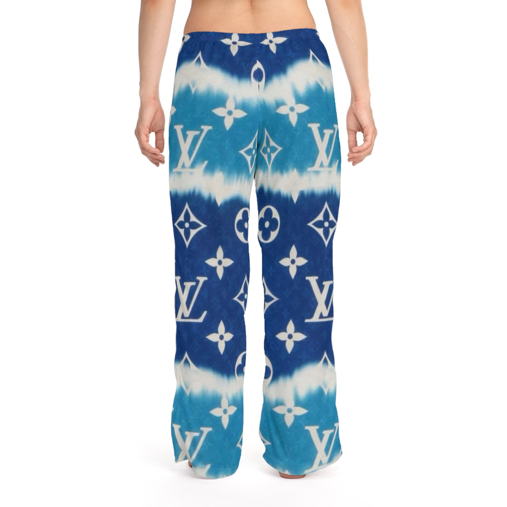 Luxury Blue Tie-Dye Lounge Pajama Pants — Monogram Print Women's Sleepwear
