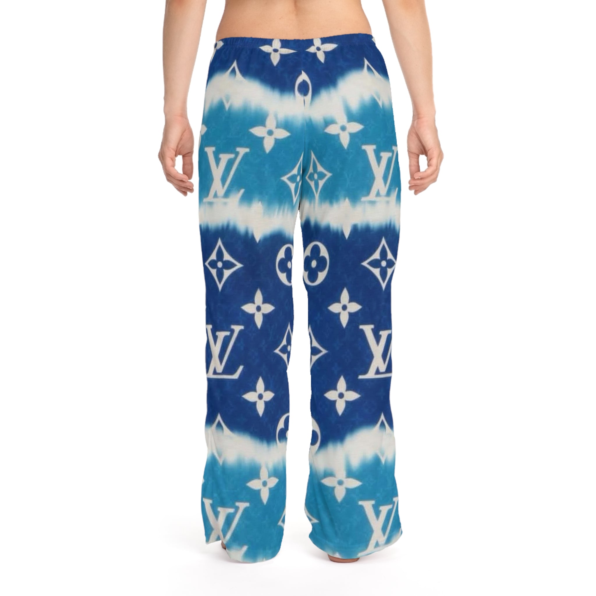 Luxury Blue Tie-Dye Lounge Pajama Pants — Monogram Print Women's Sleepwear