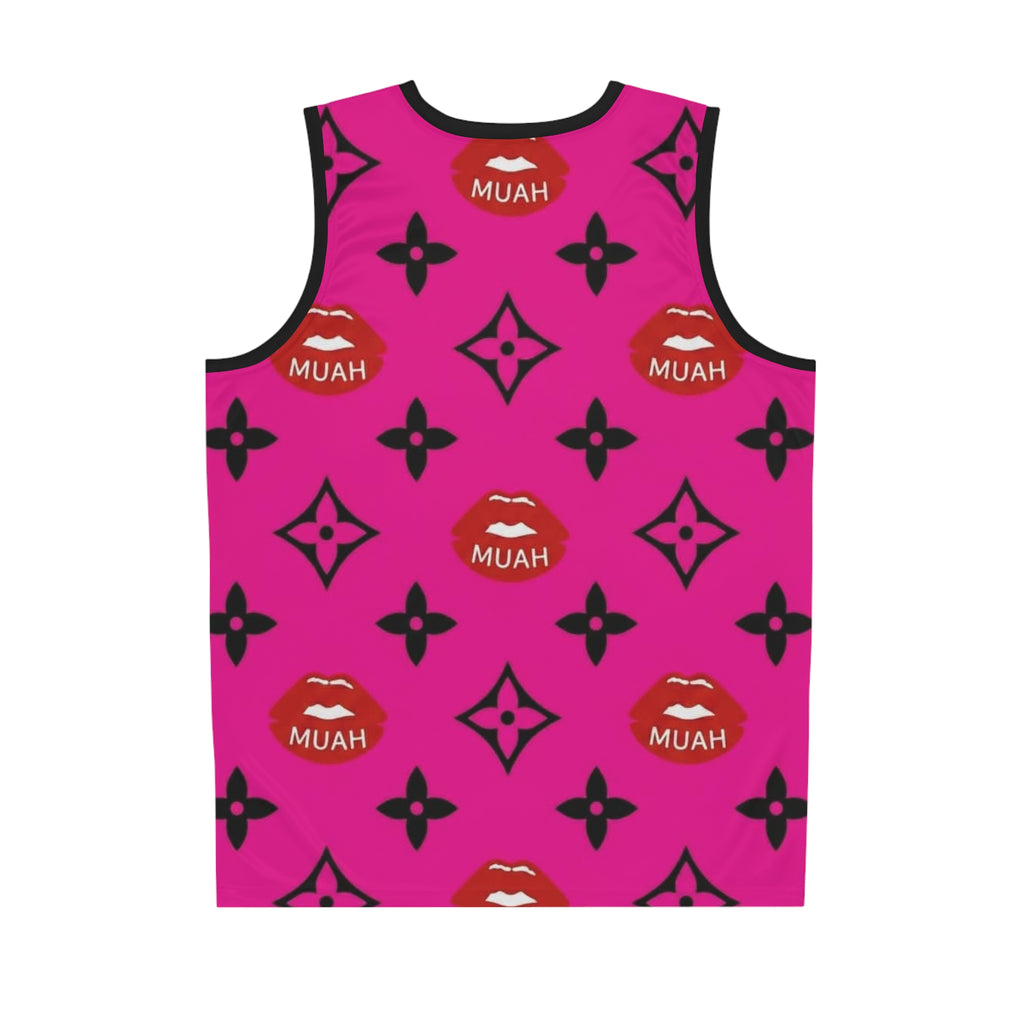 Pink Kiss Pattern Basketball Jersey — "MUAH" All-Over-Print Streetwear