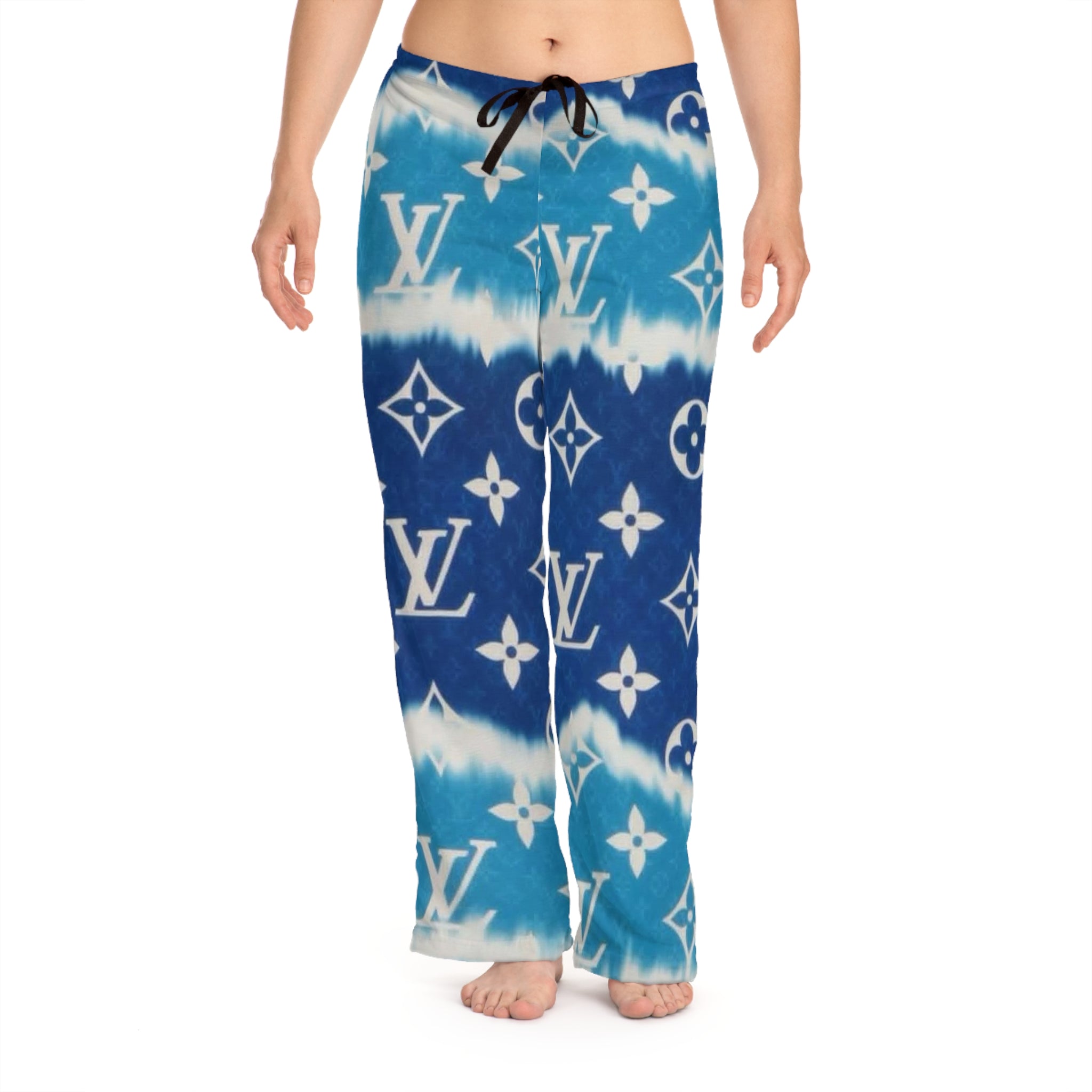 Luxury Blue Tie-Dye Lounge Pajama Pants — Monogram Print Women's Sleepwear
