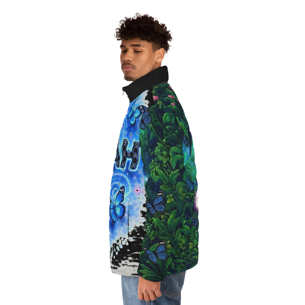 Butterfly Forest Puffer Jacket — "MUAH" Blue Smurfette AOP Men's Puffer