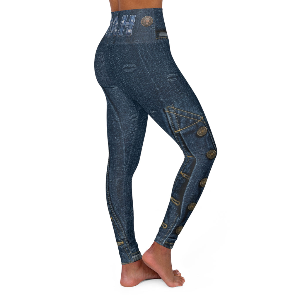 Denim-Print High-Waist Yoga Leggings — Faux Jean Look with Button & Stitch Details