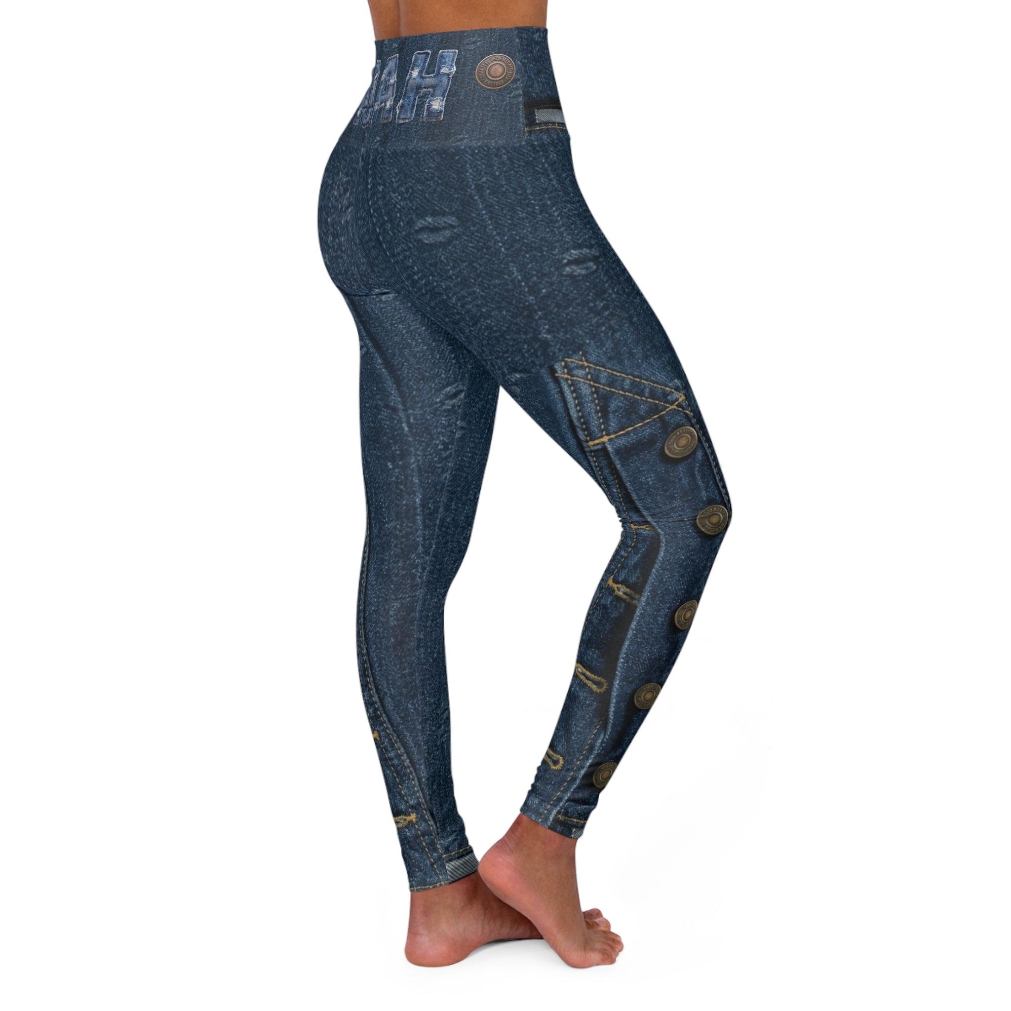Denim-Print High-Waist Yoga Leggings — Faux Jean Look with Button & Stitch Details