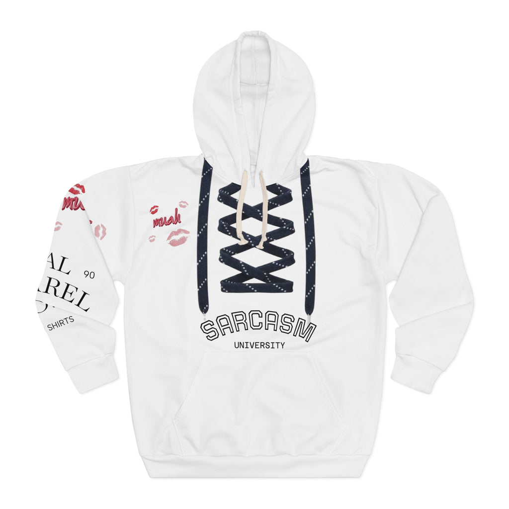 Sarcasm University Hoodie — Funny Lace-Up Pullover with Kiss Marks
