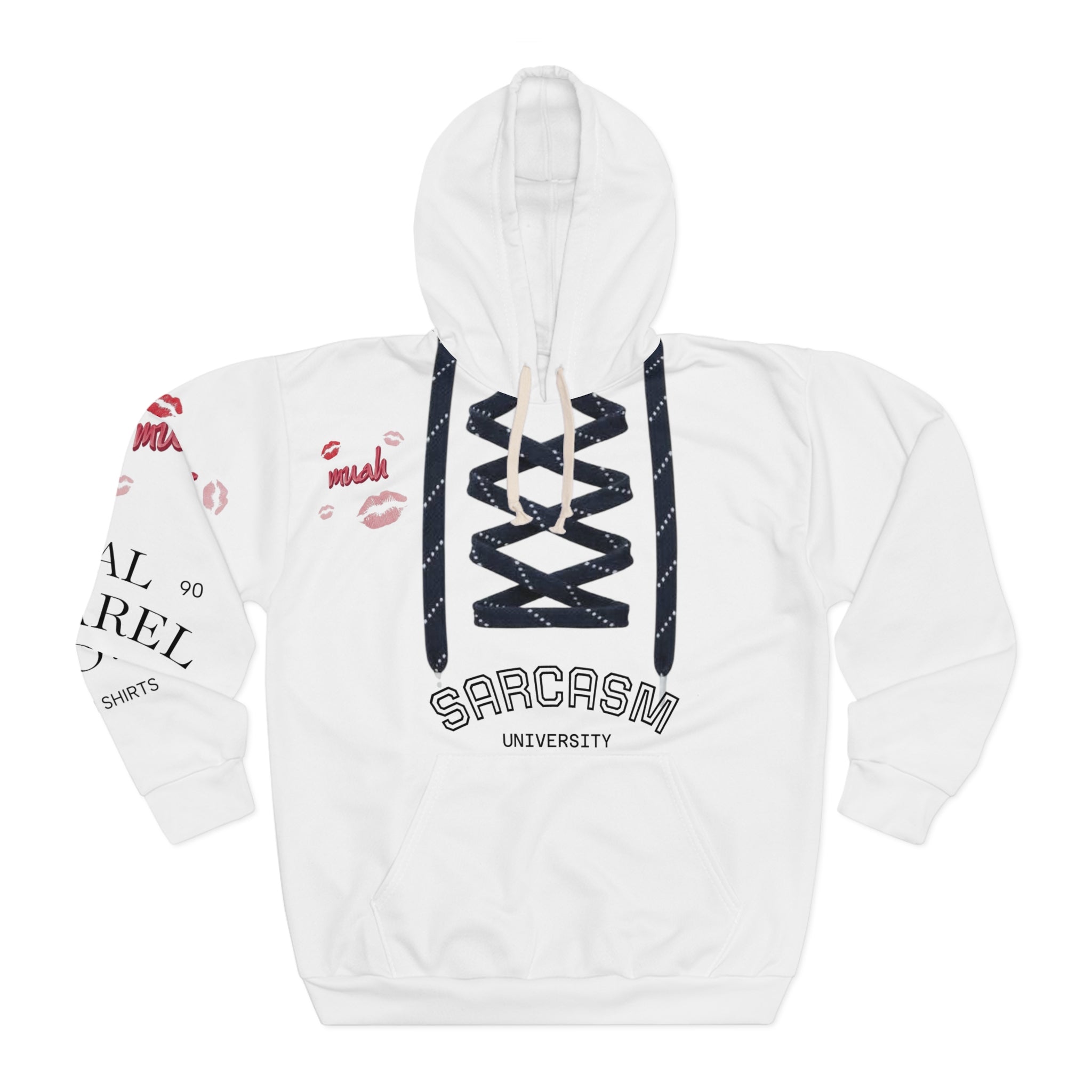 Sarcasm University Hoodie — Funny Lace-Up Pullover with Kiss Marks