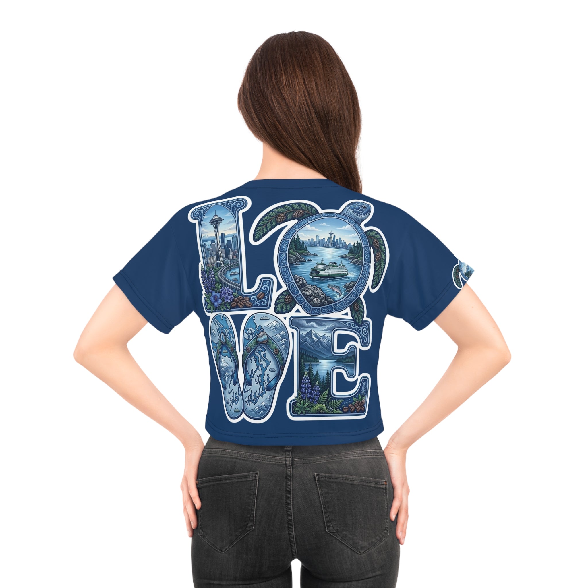 Seattle LOVE Turtle Crop Tee — Pacific Northwest Scenic Graphic Top