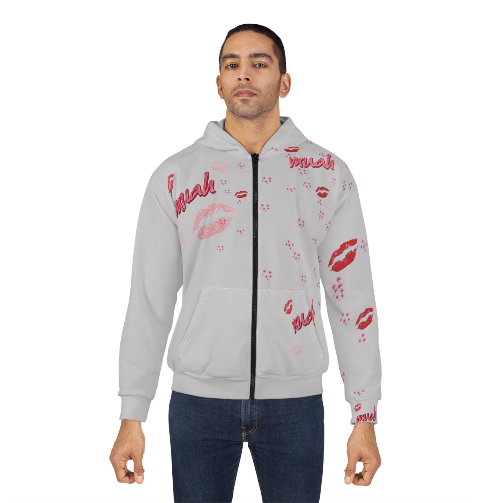 Kiss Pattern Zip Hoodie — "Muah" All-Over Print