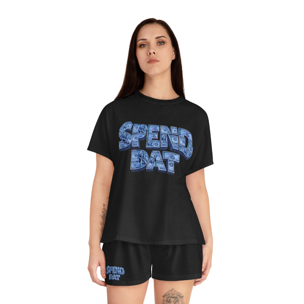 Spend Dat Women's Pajama Set — Black Short Sleep Set with Blue Graphic