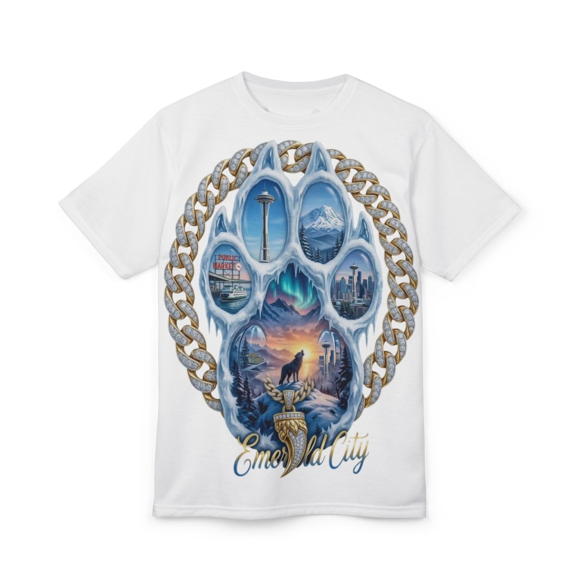 Paw of Seattle Tee — "Emerald City" Scenic All-Over Print