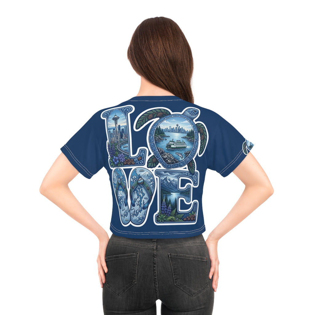 Seattle LOVE Turtle Crop Tee — Pacific Northwest Scenic Graphic Top