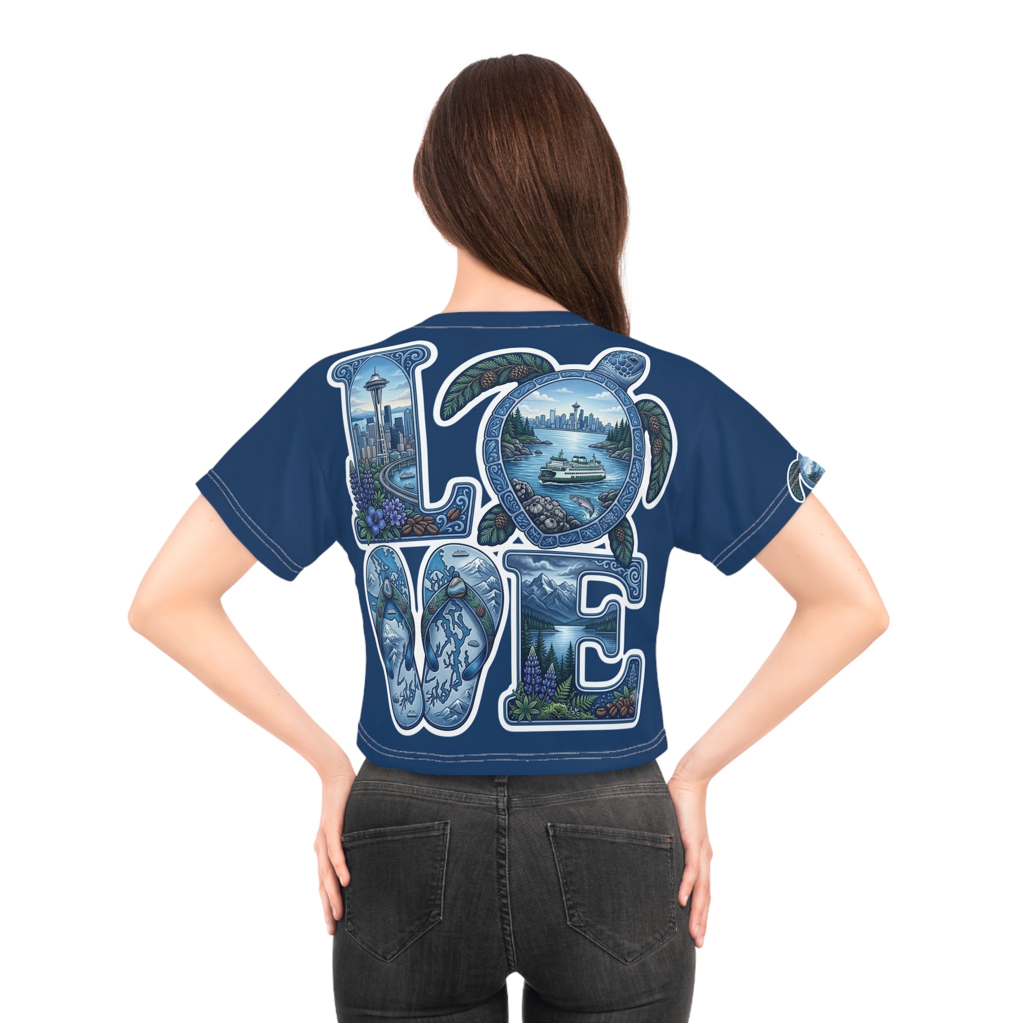 Seattle LOVE Turtle Crop Tee — Pacific Northwest Scenic Graphic Top