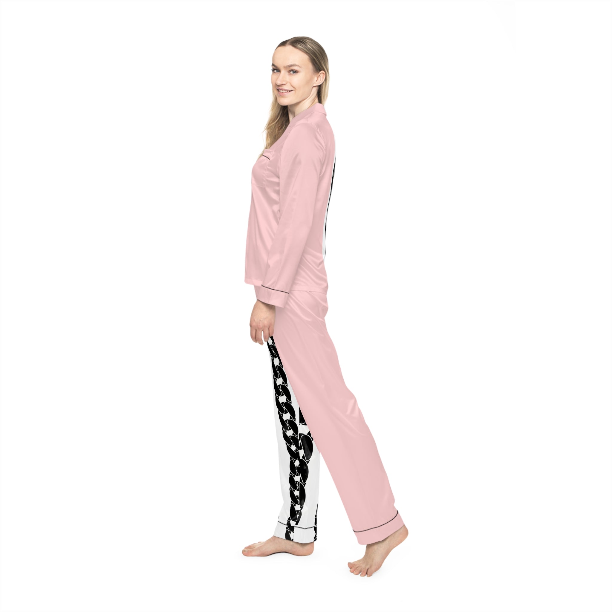 Pink Satin Pajama Set with Black Chain Print — Women's Luxe Sleepwear