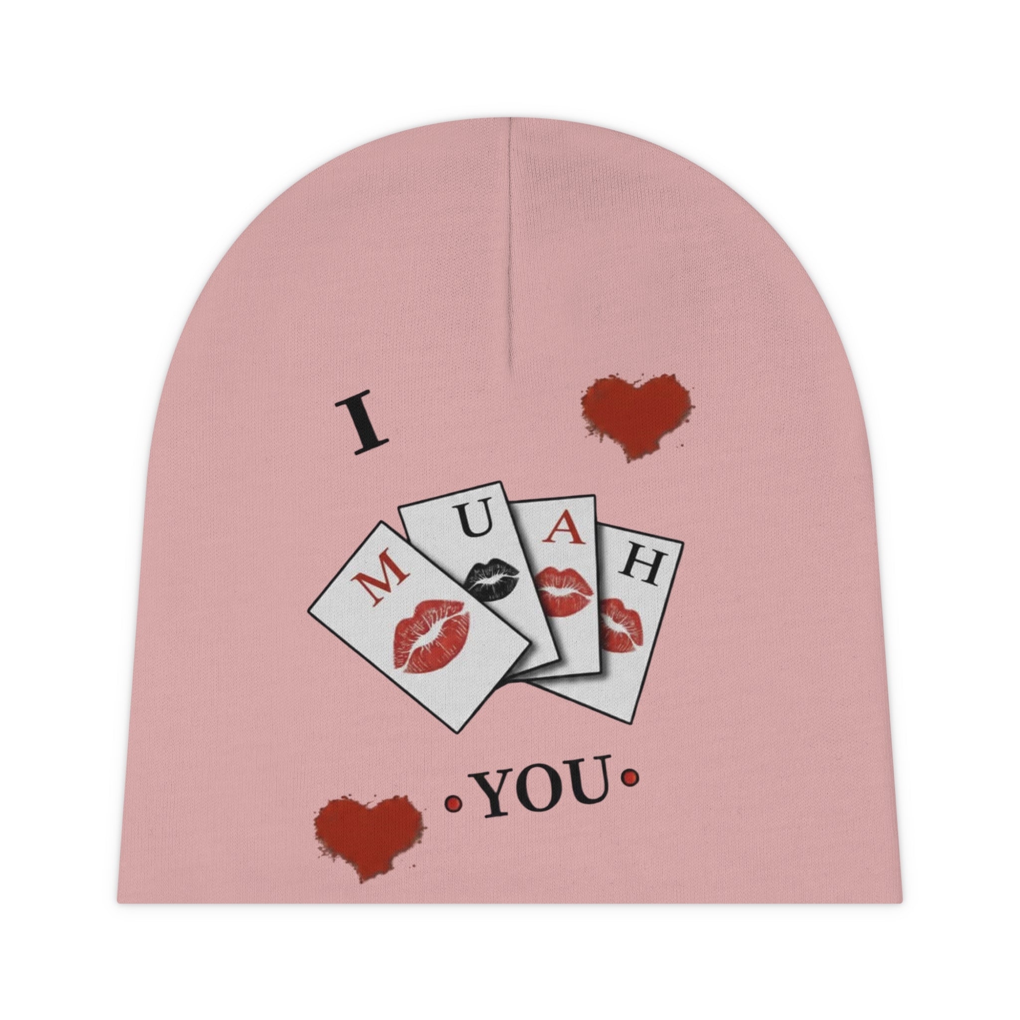 Baby Beanie — "I MUAH You" Pink Infant Knit Hat (Valentine’s Day, Newborn Gift)