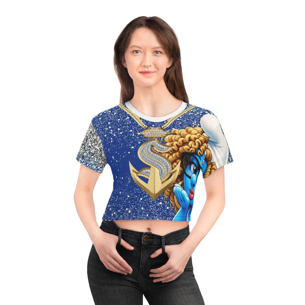 Blue Diva Crop Tee — Graphic Cartoon Girl with 'MUAH' Glitter Design