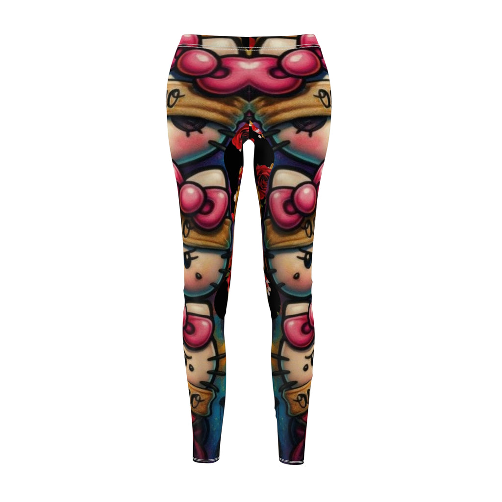 Red Rose & Lip Print Leggings — Floral Kiss Pattern Women's Leggings