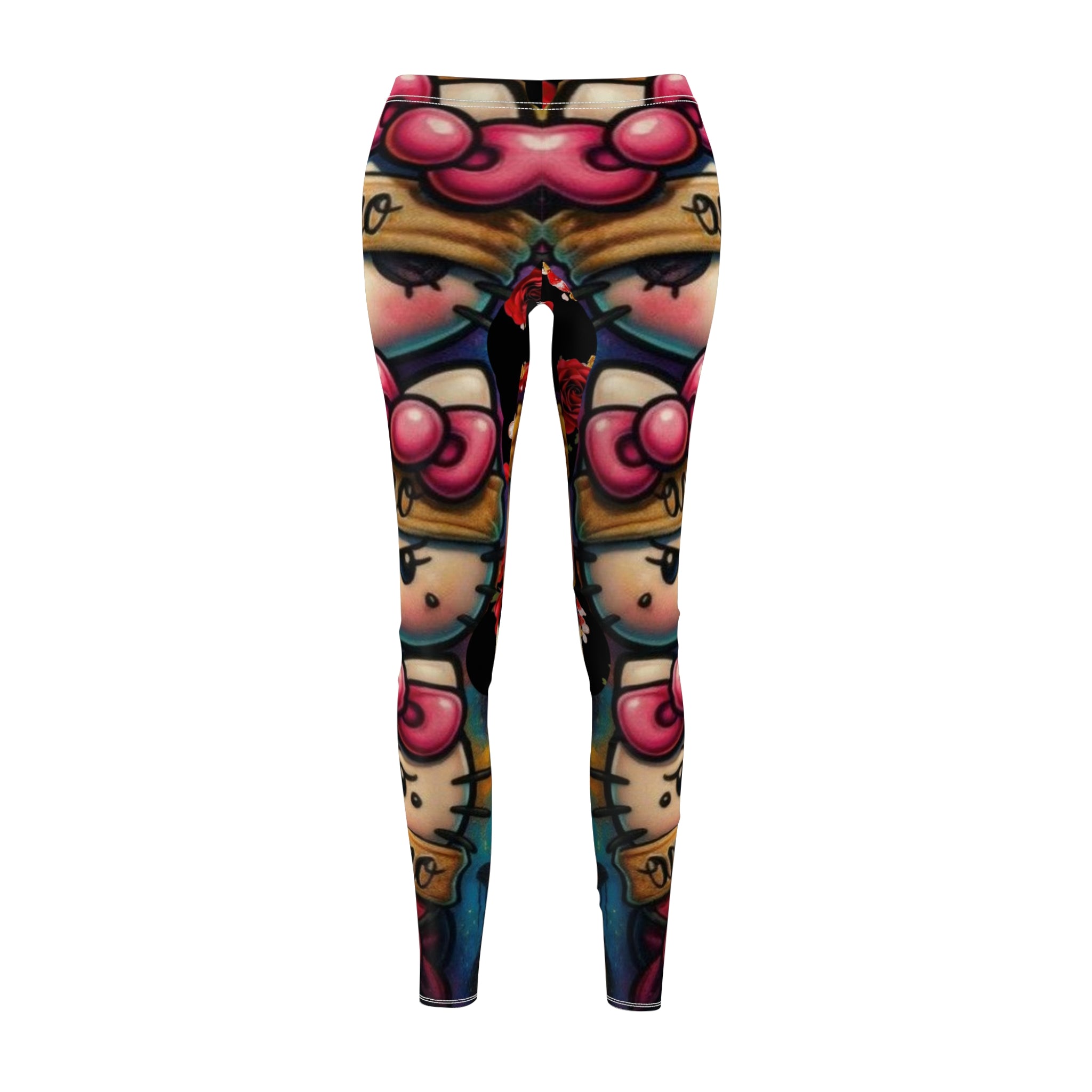 Red Rose & Lip Print Leggings — Floral Kiss Pattern Women's Leggings
