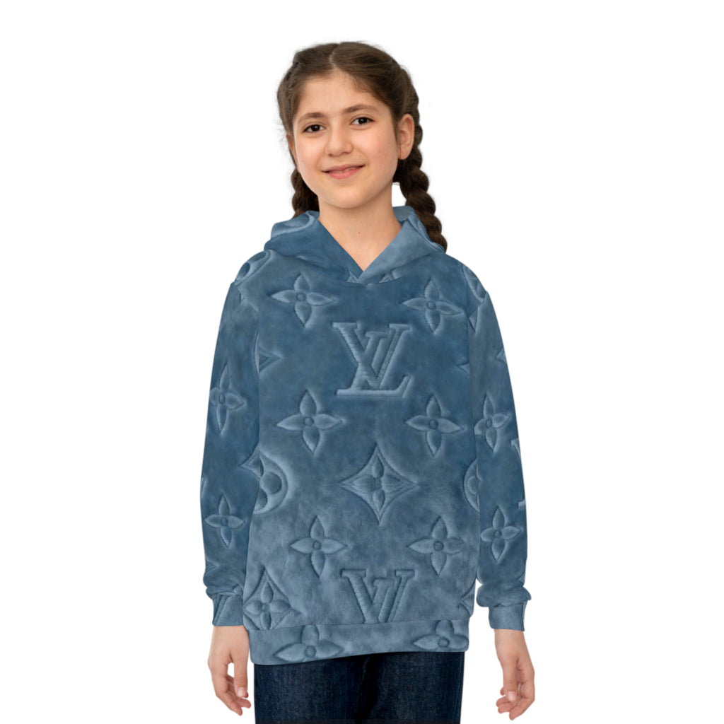 Kids Luxury Monogram Hoodie — Blue Plush All-Over Print