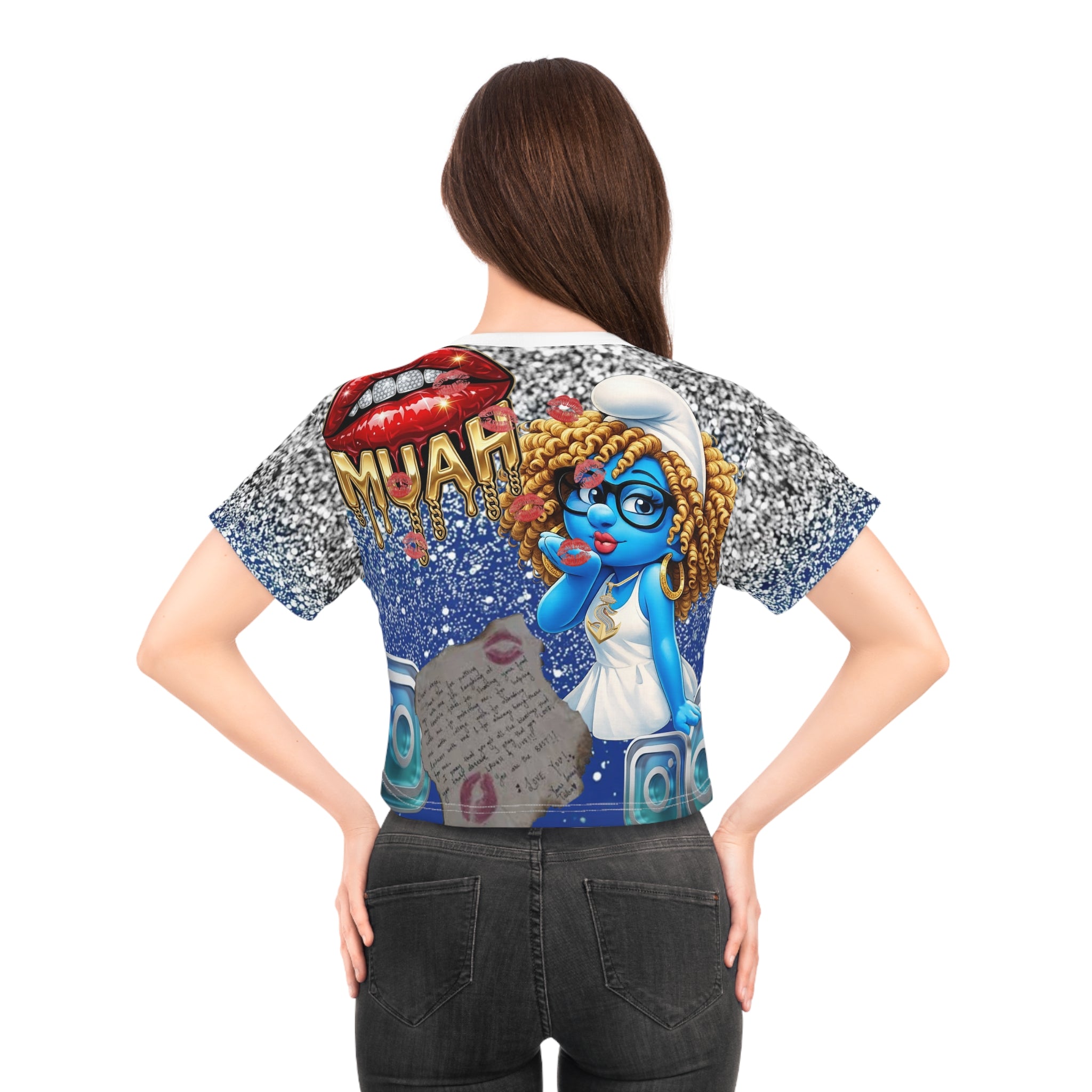Blue Diva Crop Tee — Graphic Cartoon Girl with 'MUAH' Glitter Design