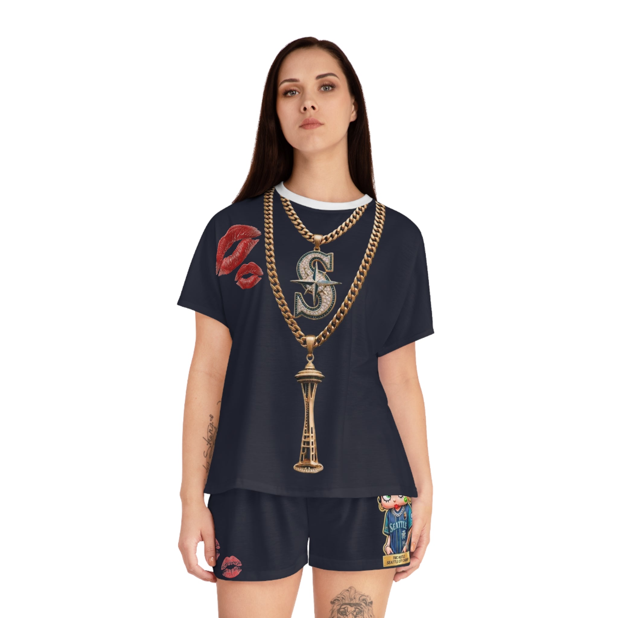 Seattle Mariners Inspired Women's Pajama Set — Cute Girl Mascot, Gold Necklace & Lip Print Sleepwear