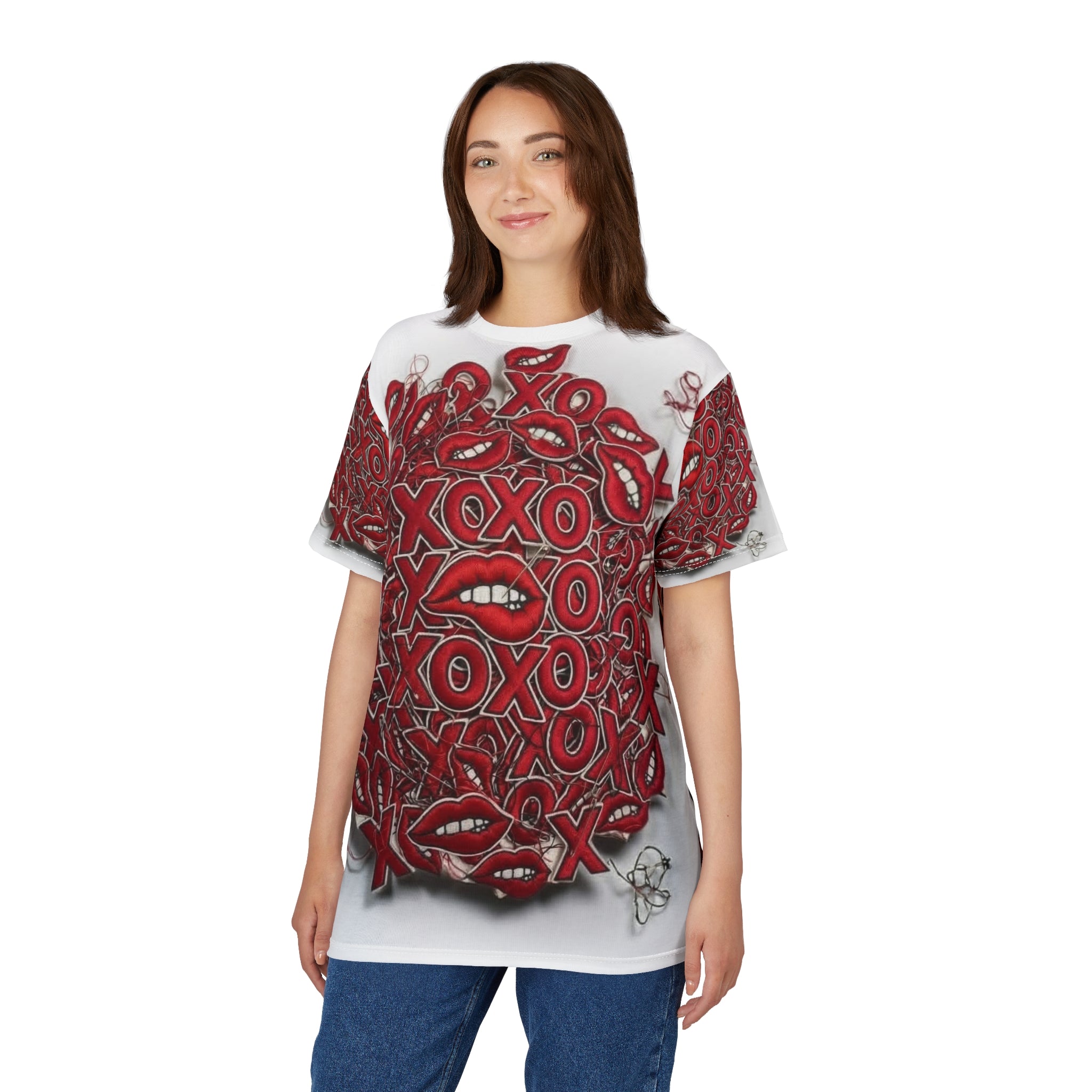 XOXO Red Lips All-Over Print Tee — Valentine's Day Kiss Graphic Shirt