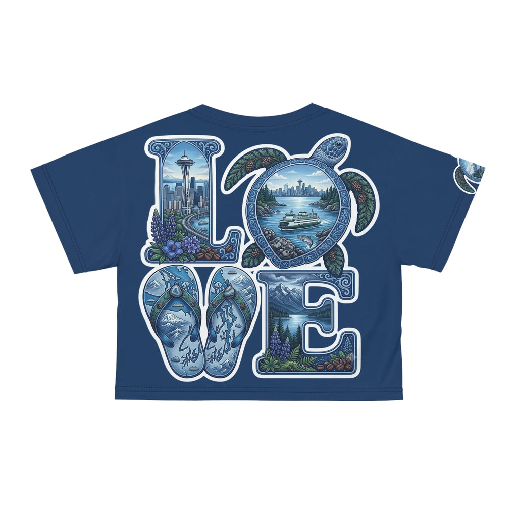 Seattle LOVE Turtle Crop Tee — Pacific Northwest Scenic Graphic Top
