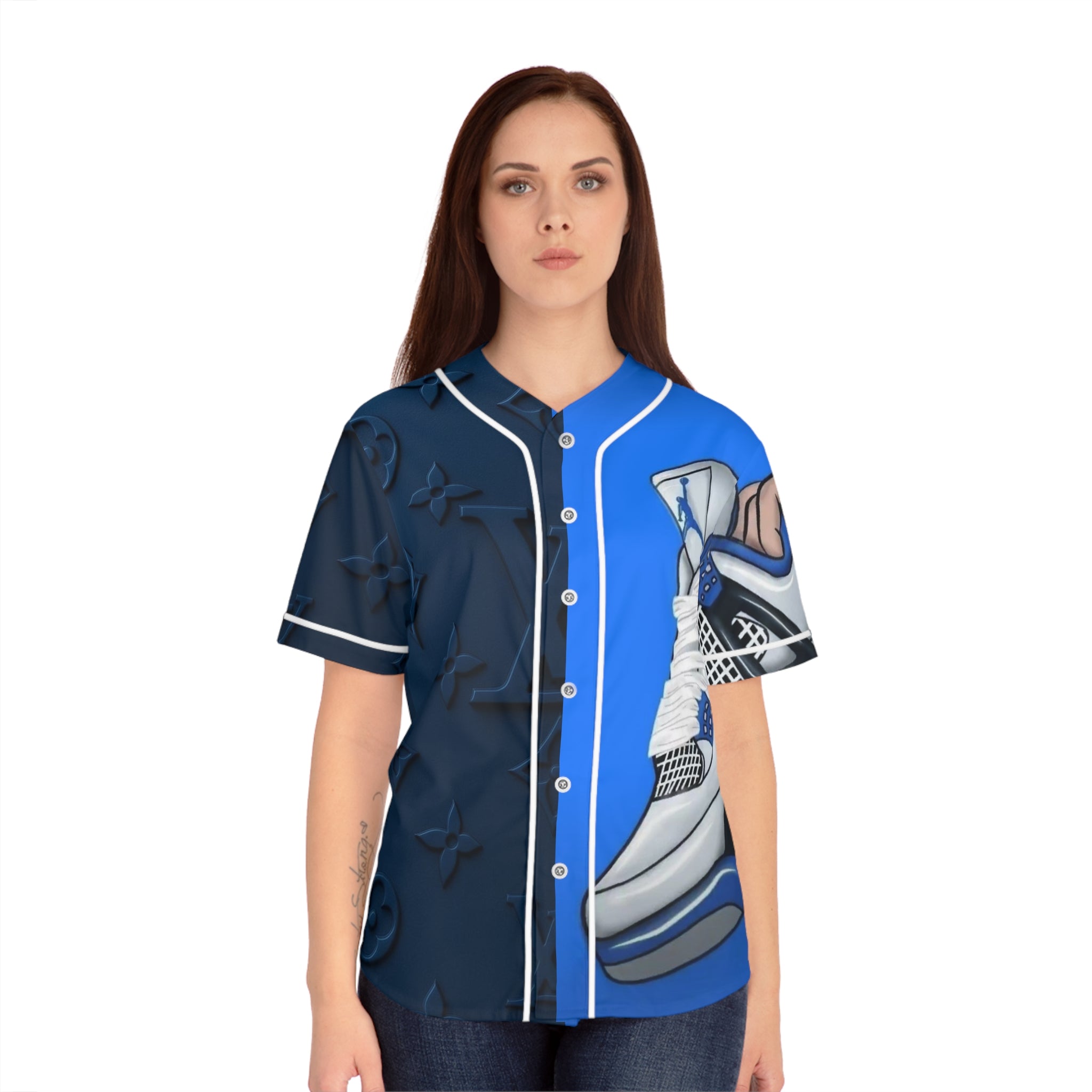 Women's Baseball Jersey – Blue Sneaker & Monogram AOP Graphic Shirt